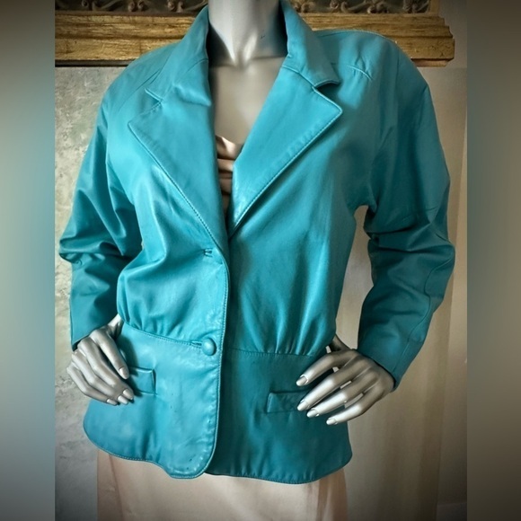 Vintage 80’s Teal Blue Leather Jacket, size 8